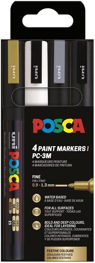 Posca Uni POSCA paintmarker PC-3M | 1 | 5 mm | etui van 4 stuks in goud | wit | zilver en zwart