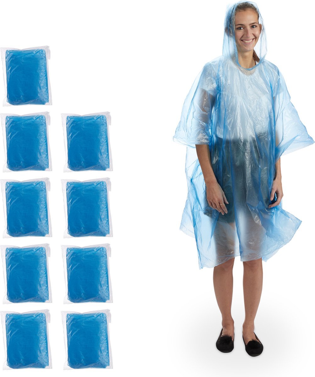 Relaxdays wegwerp regenponcho - set van 10 - poncho - met capuchon - regenkleding - cape - geel