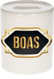 Bellatio Decorations Spaarpot met voornaam Boas - wit - met goud/zwart embleem - 8 x 9 cm - keramiek - met afsluitdop - cadeau verjaardag