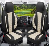 Bremer Sitzbezüge Premium Camper stoelhoezen voor Dethleffs WPL410 in Zwart/Beige (2 losse stoelen)