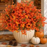 AXYLEX Kunstmatige herfstbloemen voor buiten, kunstmatige chrysant, uv-bestendig, vervaagt niet, groene planten, tuin, veranda, terras, herfst, woondecoratie, 12 bundels (oranje, groen)