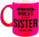 Bellatio Decorations Bol What the worlds greatest sister looks like cadeau mok / beker - 330 ml - neon roze - verjaardag / bedankt cadeau zus