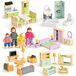 Maison de poupée set de meubles - Bois - Couleurs Morandi - 5 pièces et 4 poupées - Jeu de rôle à partir de 3 ans