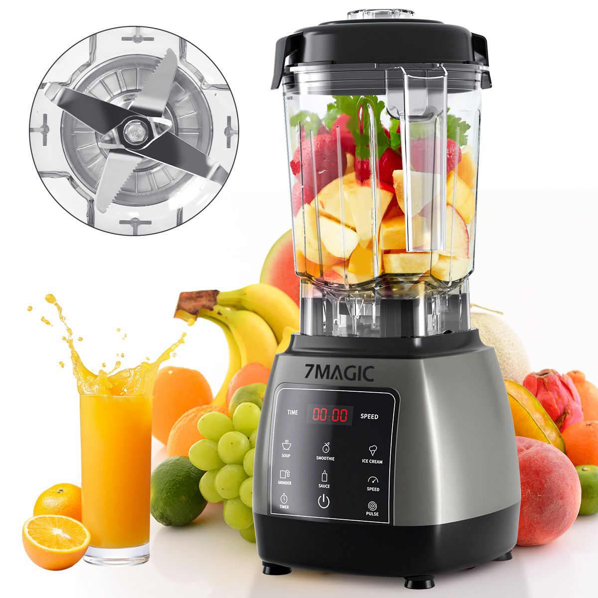 7MAGIC Icecat 2000W Zware Kwaliteit Timer Blender Mixer Juicer Fruit Keukenmachine Ijs Smoothies BPA Gratis 2L Pot