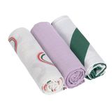 LÄSSIG Baby inbakerdeken, spuugdeken, inbakerdoek, gaasdoek, 3-delige set, katoen, 85 x 85 cm, Swaddle & Burp Blanket L Happy Rascals Lavender