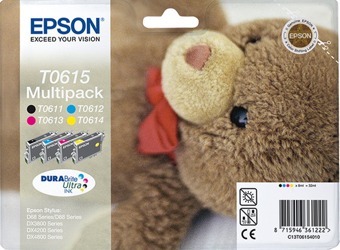 Epson T0615 - Teddybear Multipack - Inktcartridge - Zwart/Cyaan/Magenta/Geel