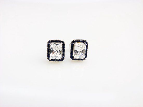 Model Small Rectangle Blue Zilveren Oorringen met Zirkonia