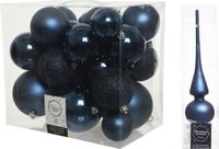 Decoris Kaemingk B.V. Kerstversiering kunststof kerstballen donkerblauw 6-8-10 cm pakket van 27x stuks - Met mat glazen piek van 26 cm
