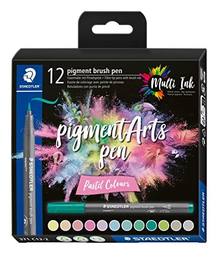 Staedtler Penseel pigment Arts, pastel, premium tekeninkt, penseelpunt voor variabele lijnbreedte, waterbestendig, 12 penseelpennen in gesorteerde pastelkleuren in kartonnen etui, 371 C12-2