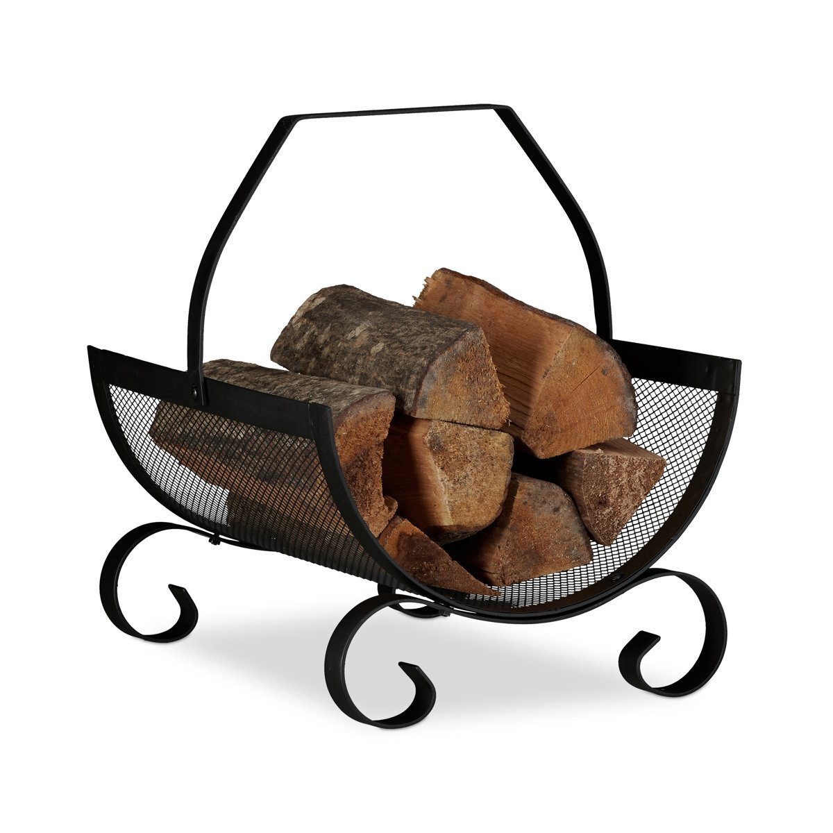 Relaxdays houtmand zwart - brandhout mand metaal haardhout opslag met greep - rustiek â€