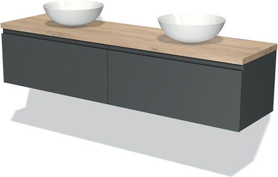 Maxaro Modulo Badkamermeubel 180 cm Donkergrijs - 2 Lades - Lichtbruin eiken blad