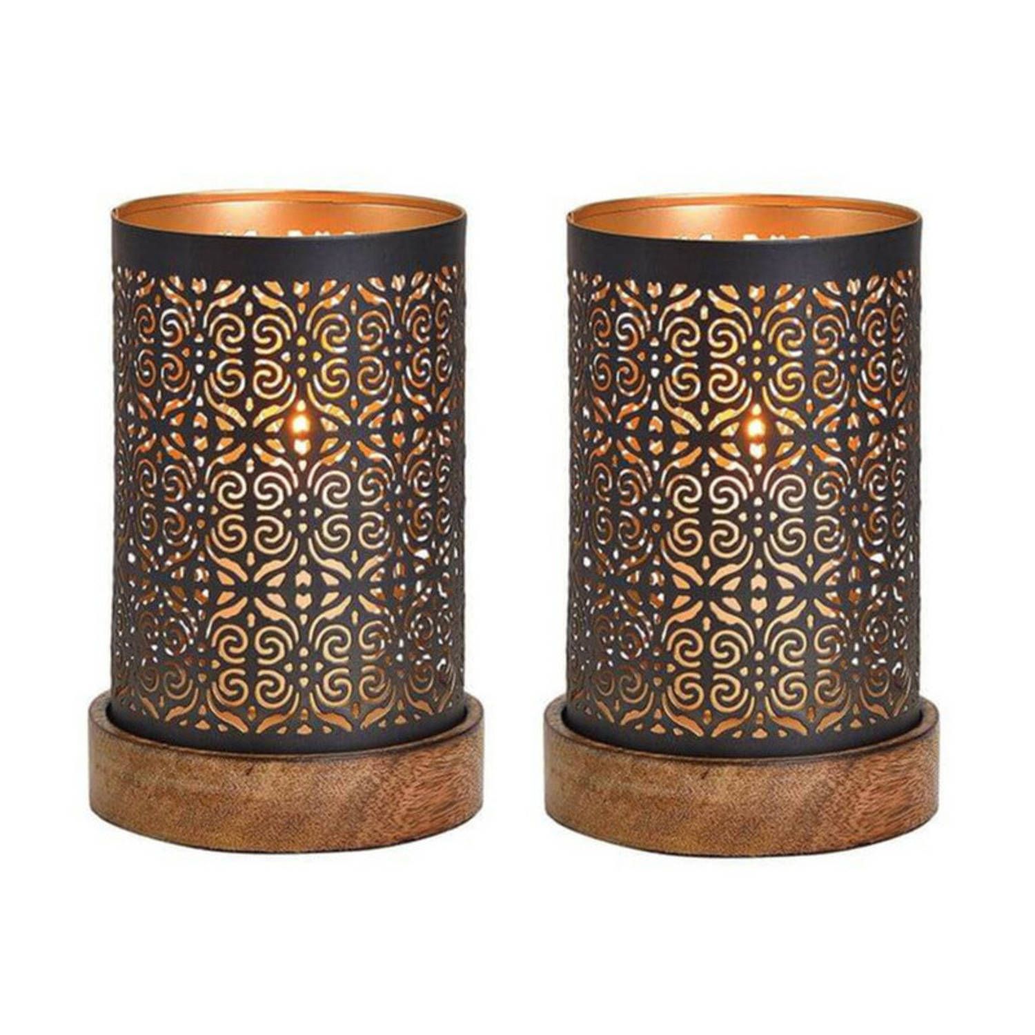 Waxinelicht/theelicht houders zwart/koper op houten voet 18 x 10 cm - Woonaccessoires/woondecoraties kaarsenhouders
