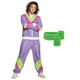 Boland - Trainingsset voor heren, paars-groen, jaren 80 trainingspak en 3-delige zweetband, Bad Taste, kostuum, carnaval, kostuumfeest, paars/groen, L