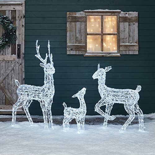 Lights4fun Led-rendierfamilie, van acryl, 120 cm / 90 cm / 60 cm, wit, timer op stroom, voor binnen en buiten