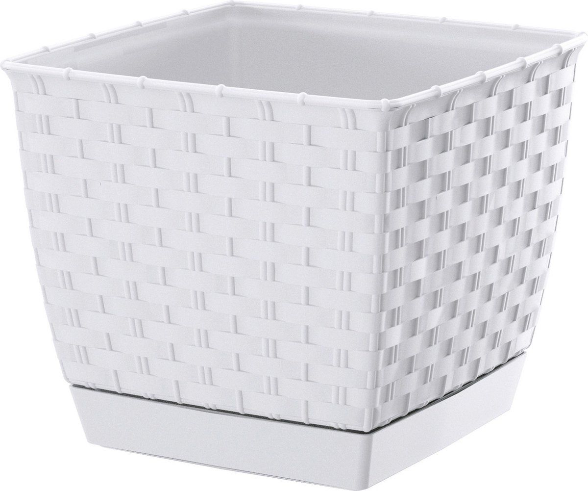 Prosperplast Set van 3x plantenpotten rotan kunststof 16.5 x 16.5 cm parel wit
