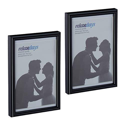 Relaxdays Fotolijst set van 2, 10x15 cm, passe-partout 9x13 cm, glasplaat, fotolijst om neer te zetten en op te hangen, zwart