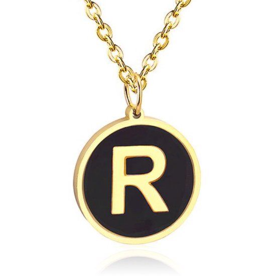 Cilla Jewels Lookinggoodtoday Goudkleurige Dames Schakelketting met Zwarte Kettinghanger Letter R