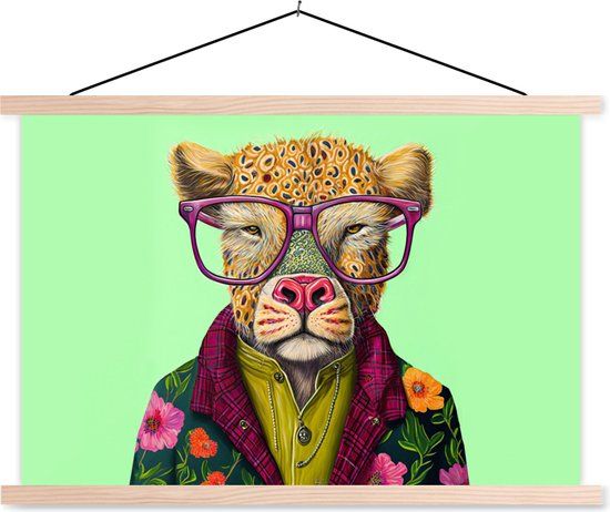 TextilePosters Posterhanger incl. Poster - Schoolplaat - Dieren - Bril - Hond - Design - 150x100 cm - Blanke latten