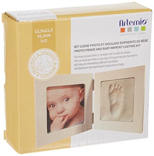 Artemio Kit gegoten voetafdruk van de baby en fotolijst, hout, wit, 12,5 x 12,5 x 1,2 cm
