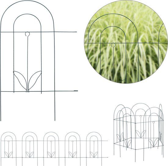 Relaxdays Perkhekje - 5-delig - Sierhekje - Borderrand - Hoog - Groen - Metaal - Tuinhekje