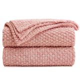 Longhui bedding Gebreide deken voor bank, zacht, comfortabel, machinewasbaar, 100% katoen, gebreide deken voor bank, zwaar, 1,3 kg gewicht, roze en wit, waszak inbegrepen