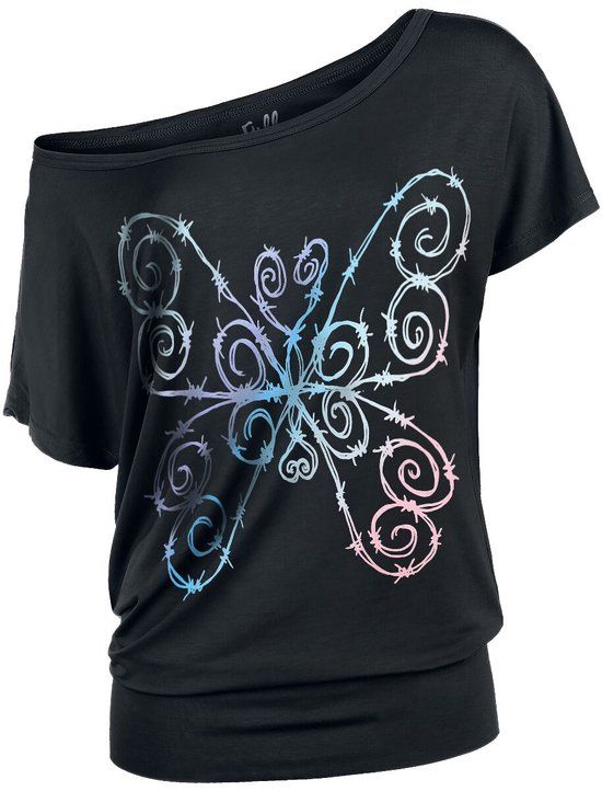 Full Volume by EMP Full Volume Zwart t-shirt met vlinder van prikkeldraad - Dames - 4XL