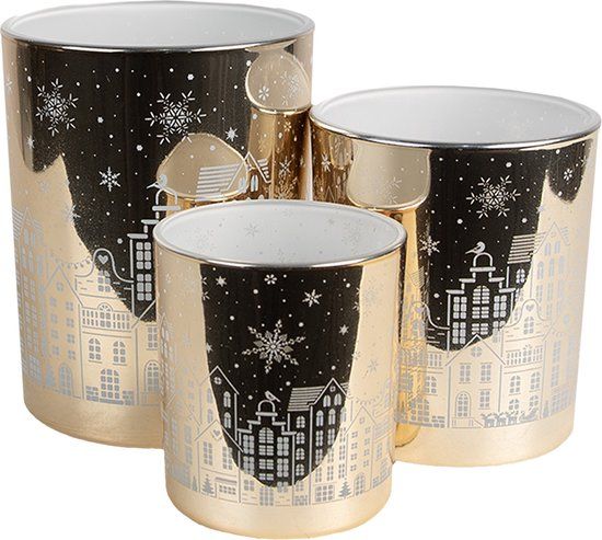 Clayre & Eef Theelichthouder Set van 3 Goudkleurig Glas Huizen Waxinelichthouder