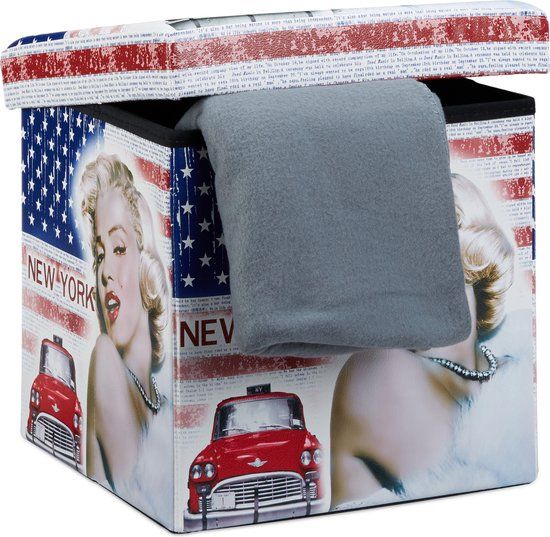 Merkloos Relaxdays Poef met opbergruimte - Opvouwbaar - Kunstleer - New York print - 38 cm hoog