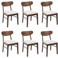 HWC-M59 Set van 6 eetkamerstoelen, keukenstoel, stof/textiel massief hout, crème, donker frame