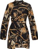 Faina Gebloemde Jurk met Lange Mouwen en Col - Zwart Multicolor