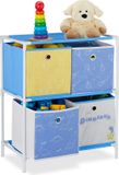 Relaxdays speelgoedkast - met 4 manden - opbergkast kinderkamer - dino - blauw/wit/geel - 62x53x30 cm