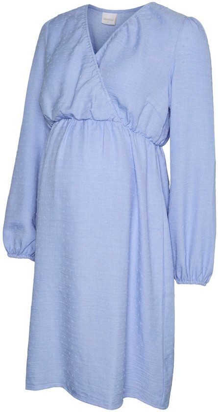 Mama Licious MLLIFINA Zwangerschapsjurk Brunnera Blue A-lijn V-hals Lange mouw Kort Effen Geknoopt Polyester L