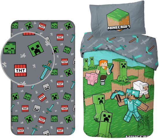 4KidsOnly Minecraft Dekbedovertrek + Hoeslaken Eenpersoons Katoen 140x200 cm