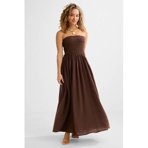BEACHWAVE strapless mousseline strandjurk donkerbruin