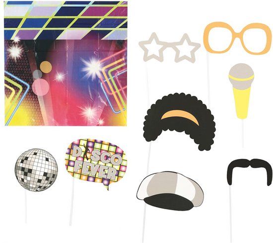 Fiestas Guirca - Photoprops set Disco met achterwand (9 stuks) - Verjaardag - Gekleurd