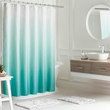 Creative Home Ideas Ombre badkamer decoratieset | 16 stuks | Inclusief douchegordijn, voering, 2 chenille-badmatten en 12 haken | wit/turquoise ombre