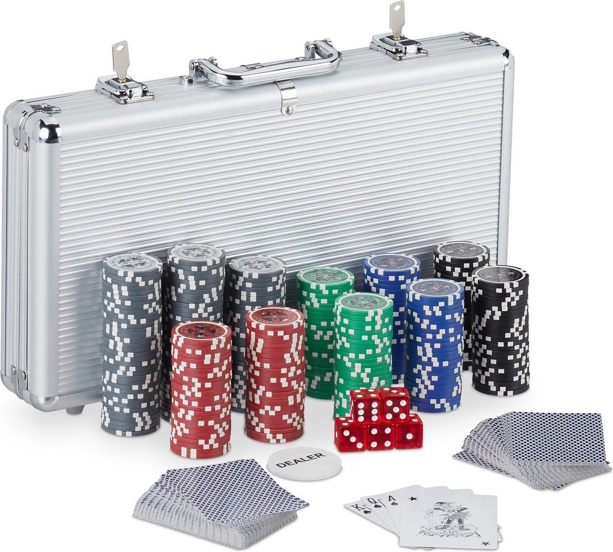Relaxdays Poker Set - 300 Poker Chips - Pokerkoffer - Texas Hold'em - 5 Dobbelstenen