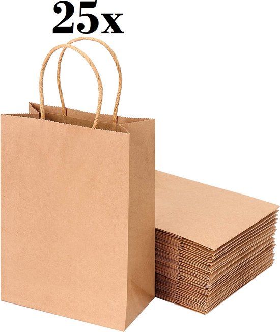 25 x Brown Kraft Paper Shopping Bags with Braided Handles 18x8x22cm