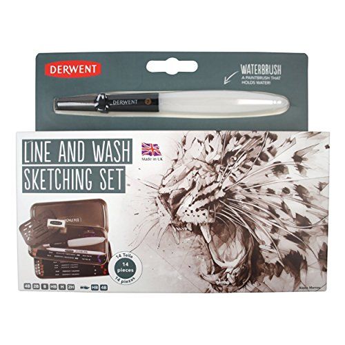 Derwent Line and Wash Schetsset, Inclusief 6 Grafietpotloden, 2 Wateroplosbare Potloden en Accessoires, Professionele Kwaliteit, 2302162