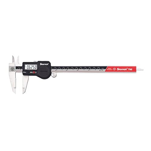 Starrett 798B-8/200 digitale schuifmaat, roestvrij staal, op batterijen, inch/metrisch, 0-8 inch bereik, -0 inch nauwkeurigheid, 0 inch resolutie, voldoet aan DIN 862 specificaties