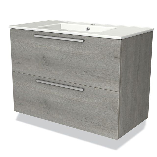 Maxaro Badkamermeubel 90cm Modulo Grijs Eiken 2 Lades Vlak Wastafel Keramiek