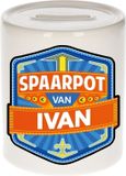 Bellatio Decorations Kinder spaarpot met naam - Ivan - keramiek - met dop - wit