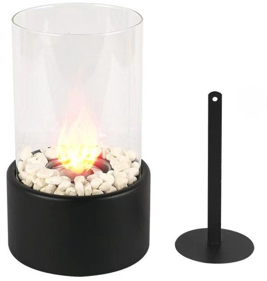 Glowy Bio Ethanol Tafelhaard - Sfeerhaard Binnen & Buiten - Ronde Bio Ethanol Haard incl. Stenen - Zwart - 22 cm