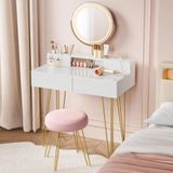 VASAGLE kaptafel met kruk en verlichting, spiegel, 40 x 80 x 134,8 cm | Cosmeticatafel met laden, stekkerdoos, gevoerde kruk, mat wit-bleekgoud, GIANA Collectie RVT019W01