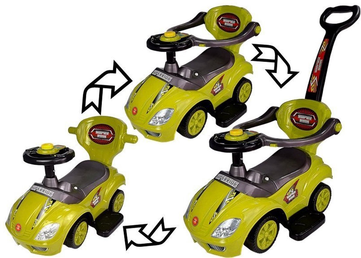 Lean Toys Mega Car 3 in 1 loopauto met duwstang - Groeit mee met je kind - Geel