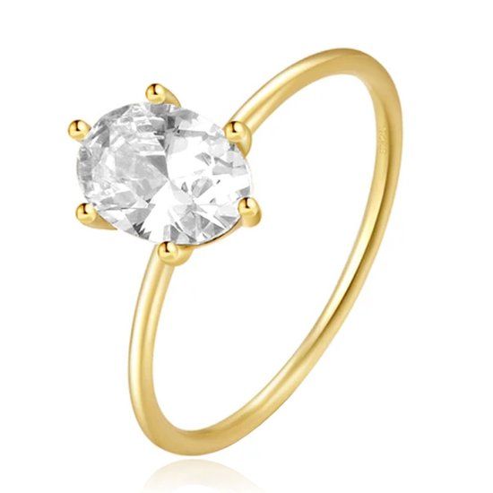 Elenza AMS Elenza Thin .925 Zilveren Ring met Solitaire Ovalen Zirconia en Gouden Plating – 1mm-16mm