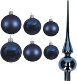 Decoris Kaemingk B.V. Groot pakket glazen kerstballen donkerblauw glans/mat 51 stuks - 4-6-8 cm incl piek glans 26 cm