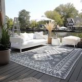 ELLE Decoratie voor binnen en buiten, omkeerbaar tapijt, weerbestendig en waterdicht, modern geometrisch patroon, ruitpatroon, outdoortapijt voor tuin, balkon, terras, woonkamer, zilver, 80 x 150 cm