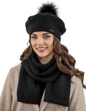 Vivisence Dames Winter Baret En Sjaal Set - Wolmix Met Wol En Acryl Met Pompon Van Imitatiebont - Zwart