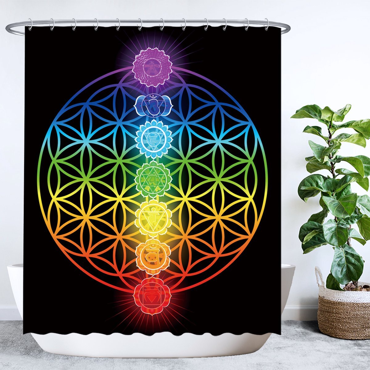 Ulticool Douchegordijn - Chakra Healing Mandala Regenboog Chakra's - 180 x 200 cm - met 12 ringen